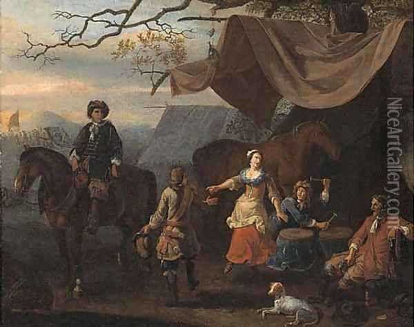 A military encampment with merrymakers at a tent Oil Painting - Abraham Danielsz Hondius