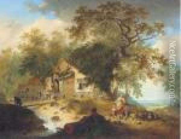A Wooded River Landscape With Peasants Resting By A Cottage Oil Painting - Hendrik Meijer