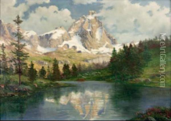 Il Cervino E Il Lago Blu Oil Painting - Leonardo Roda