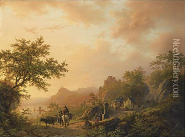 An Extensive Summer Landscape With Travellers On A Path Oil Painting - Barend Cornelis Koekkoek