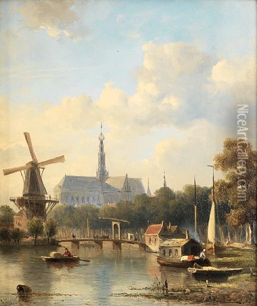 A View Of Haarlem With St Bavo Cathedral From The River Oil Painting - Everhardus Koster