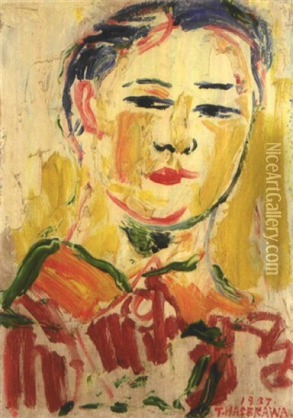 Girl At Cafe Mon Ami Oil Painting - Toshiyuki Hasegawa