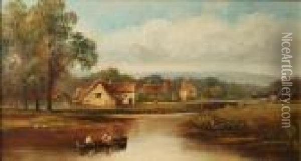 A River Landscapewith Cottages Oil Painting - Henry Harris