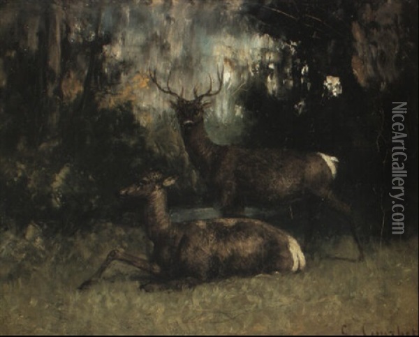 Cerf Et Biche Sous Bois Oil Painting - Gustave Courbet