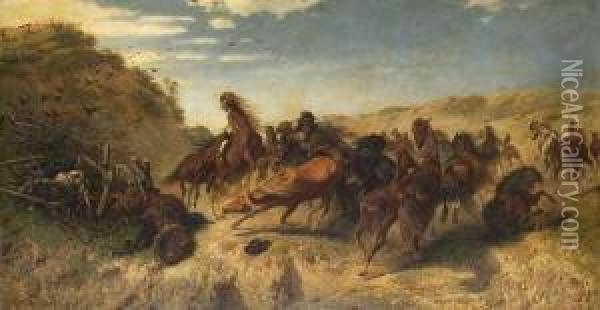 Ungarische Pferde In Der Puszta, Vor Einem Umgesturzten Bauernwagen Scheuend. Oil Painting - Teutward Schmitson