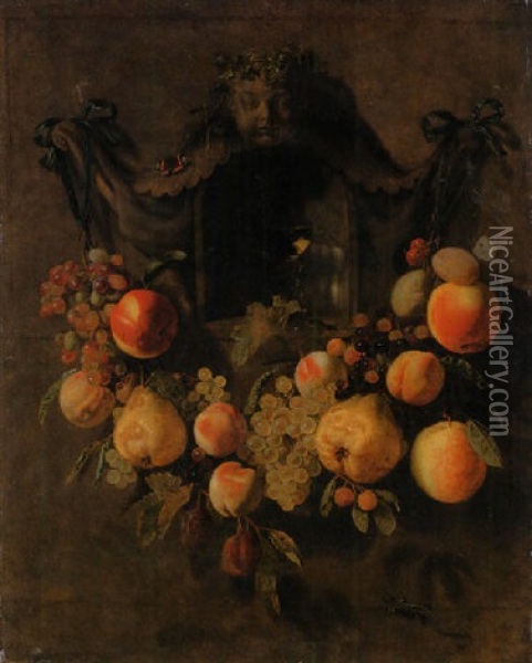 A Swag Of Grapes, Peaches, Pears, Apples And Plums Decorating A Nich With A Roemer Oil Painting - Pieter Van Den Bosch