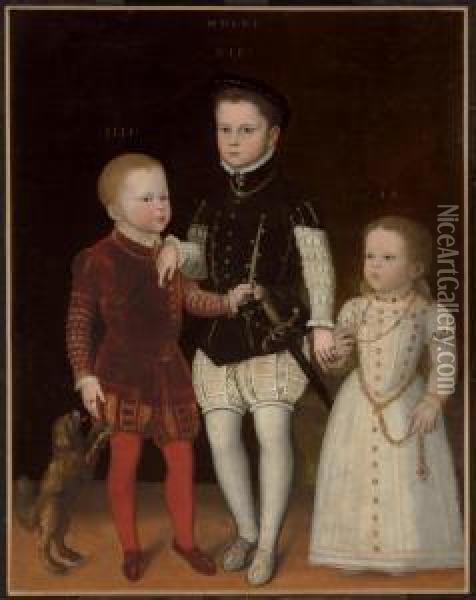 Portrait Of Three Noble Children, Full-length, With Dog Oil Painting - Giacomo Antonio Moro