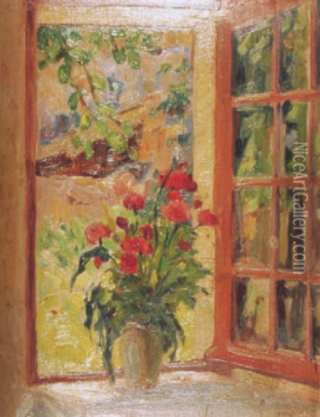 Blumenvase Vor Einem Geoffneten Fenster Oil Painting - Achille Lauge