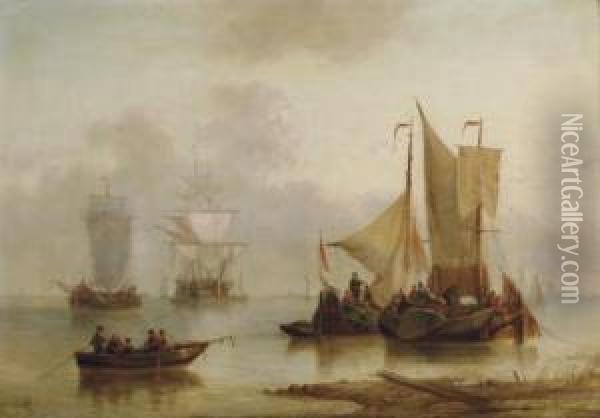 Sailing Off The Dutch Coast; And A Companion Painting Oil Painting - George Willem Opdenhoff