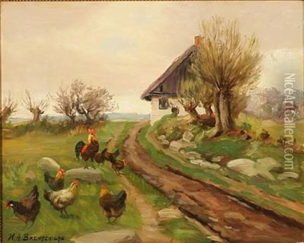 Summer Day On The Country With Free-range Chickens Near A Farmhouse Oil Painting - Hans Andersen Brendekilde