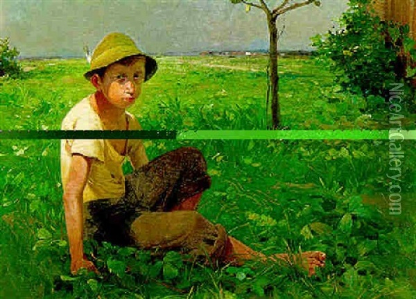 Sitzender Knabe In Einer Weiten Landschaft Oil Painting - Adolf Kaufmann