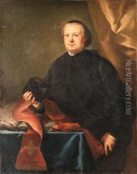 Portrait Of A Prelate, 
Three-quarter Length, In A Black Cassock,holding A Biretta, By A Table 
In A Draped Interior Oil Painting - Alessandro Longhi