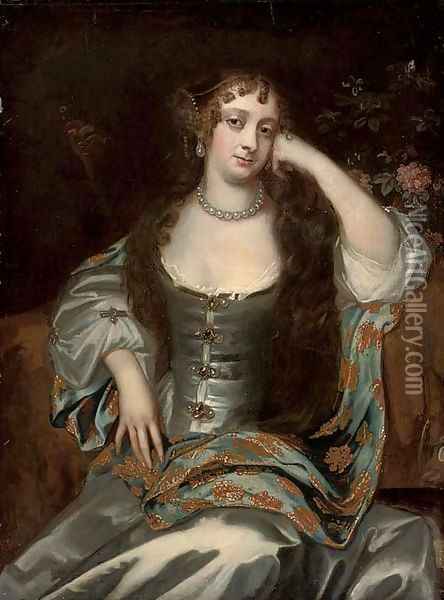 Portrait of a lady, three-quarter-length, seated in an oyster satin dress Oil Painting - Sir Peter Lely