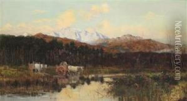 Ford Over Theversilia River With View Of The Alpi Apuane Oil Painting - William Heath Wilson