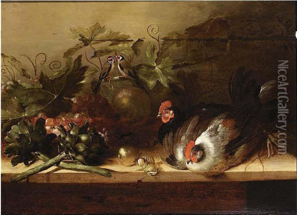 A Still Life With Two Hens Oil Painting - Balthasar Huys