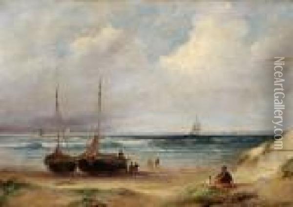 Two Moored Boats On A Beach With A Boy And A Dog In The Foreground Oil Painting - Andreas Schelfhout