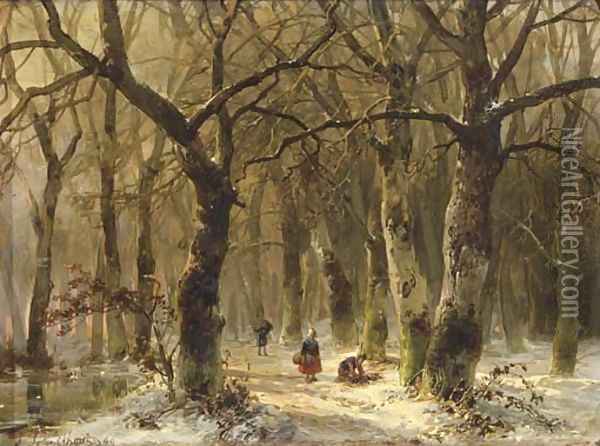 Woodgatherers on a forest path in winter Oil Painting - Andreas Schelfhout