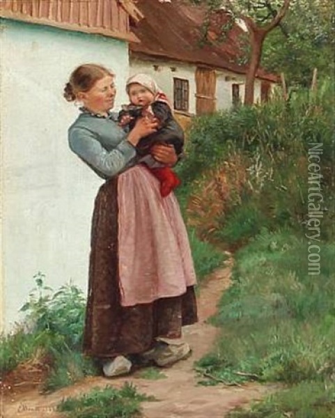 A Woman With Her Child In Front Of A Farm House Oil Painting - Emilie (Caroline E.) Mundt