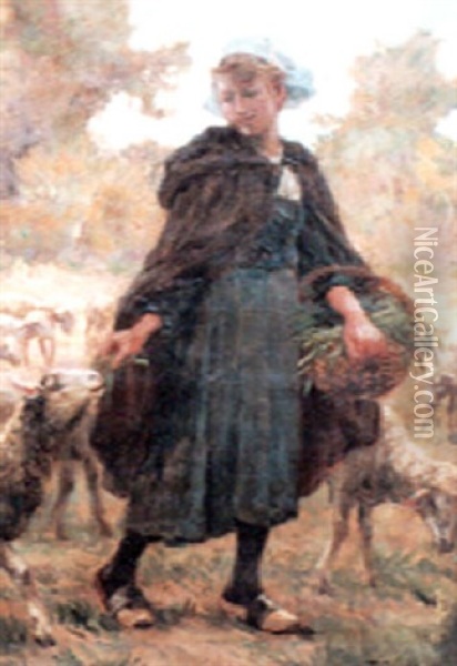 La Gardienne De Moutons Oil Painting - Theophile-Louis Deyrolle