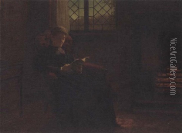 Reading By The Firelight Oil Painting - Samuel S. Carr