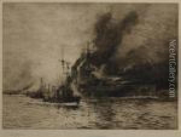 A Battleship Firing Oil Painting - William Lionel Wyllie