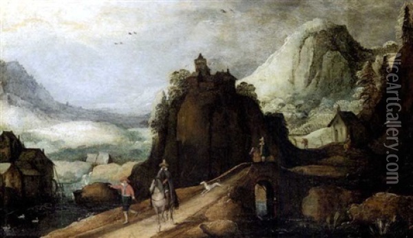 A Mountainous Landscape With Horsemen On A Bridge Oil Painting - Joos de Momper the Younger