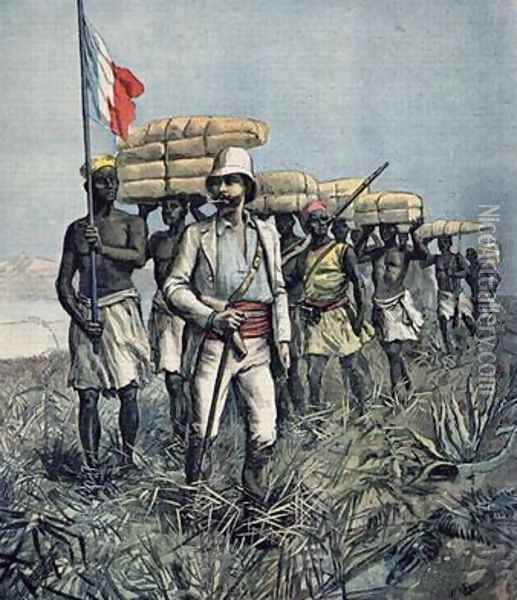 Lieutenant Mizon 1853-99 on his 1892 Mission of Exploration of the River Benue Area in Nigeria from Le Petit Journal July 1892 Oil Painting - Fortune Louis Meaulle