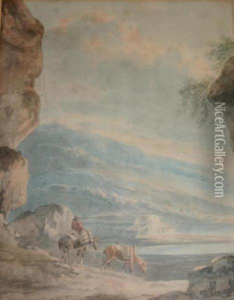 A Mountainous Landscape With A Traveller And Two Mules Oil Painting - John Warwick Smith