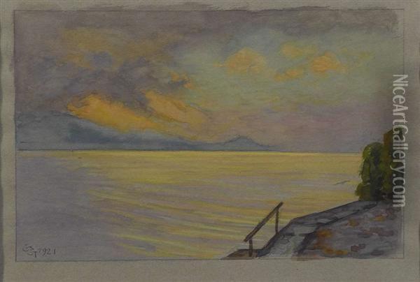 Abendrot Am See. 1921. Oil Painting - Gustav Gamper