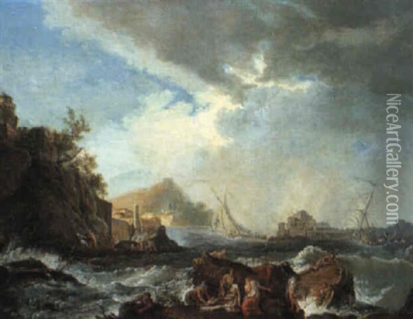 Ships Foundering Off A Rocky Coast Oil Painting - Alexandre Jean Noel