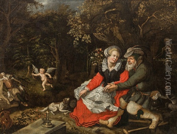 Old Man, Young Woman, Winged Cupid - Allegory Of Love Oil Painting - David Vinckboons