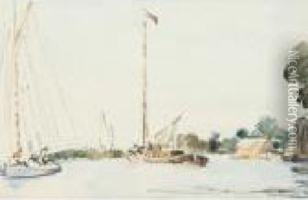 Norfolk Sailing Scene Oil Painting - Muirhead Bone
