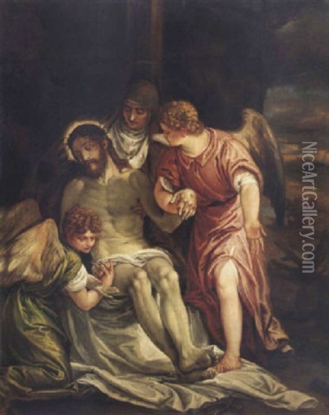 Cristo Muerto, La Virgen Y Dos Angeles Oil Painting - Benedetto Caliari