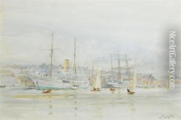 Dinghies Racing On The Medina At Cowes With The Steam Yacht Oil Painting - William Lionel Wyllie