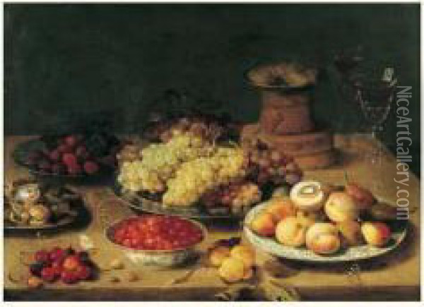 Nature Morte Aux Plats De Fruits Et Verres De Vin Sur Un Entablement Oil Painting - Osias, the Elder Beert