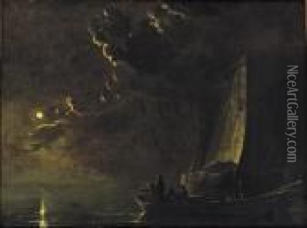 A Moonlit Landscape With Fishermen In A Boat And Another Sailing Vessel Nearby Oil Painting - Aelbert Cuyp