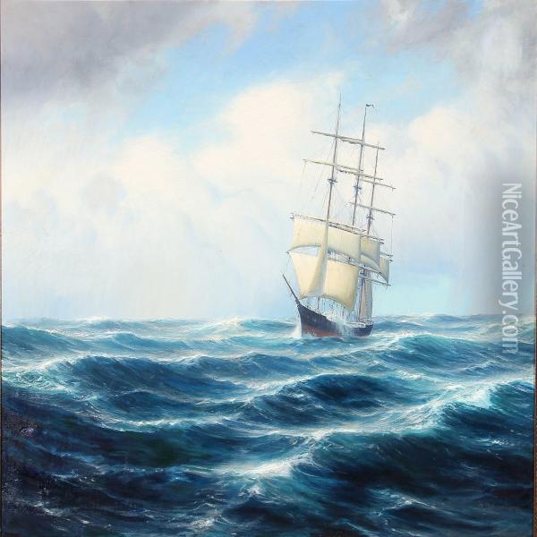 Seascape With A Sailing Ship In High Waves Oil Painting - Johannes Hardes