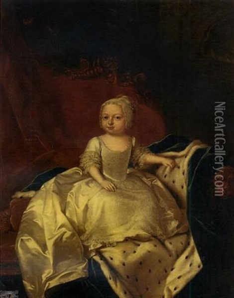 Portrait Of A Royal Child, Princess Caroline Matilda (?), In A Lace Dress And Bonnet, Seated On A Sofa Draped With A Blue Velvet Ermine-lined Cloak, In An Interior Oil Painting - William Verelst