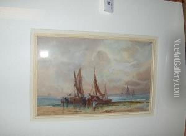 Beached Fishing Vessels; Bringing Ashore The Catch, Signed, A Pair Of Watercolours Oil Painting - Frank Rousse