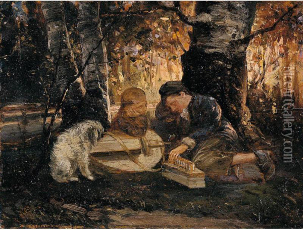 Children Playing With Their Dog Oil Painting - Valeri Ivanovitch Iacoby