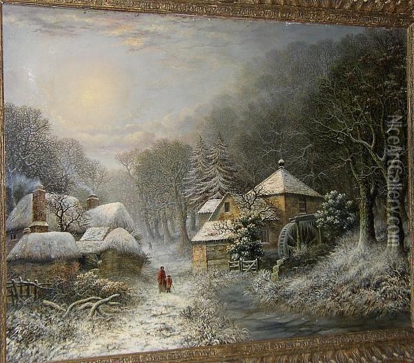 Figures By An Overshot Mill In Winter Oil Painting - Charles Leaver