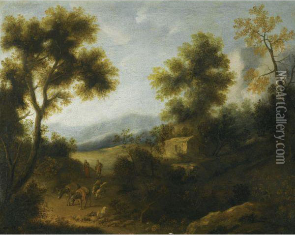 A Wooded Landscape With A Herdsman And Woman On A Path In The Foreground Oil Painting - Ignacio de Iriarte