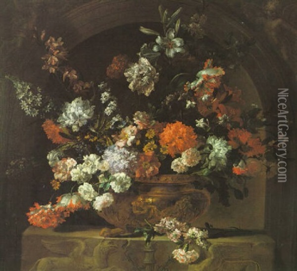Still Life Of Roses, Carnations, Parrot Tulips, And Other Flowers In A Gilt Urn Upon Carved Pedestal Oil Painting - Jean-Baptiste Monnoyer