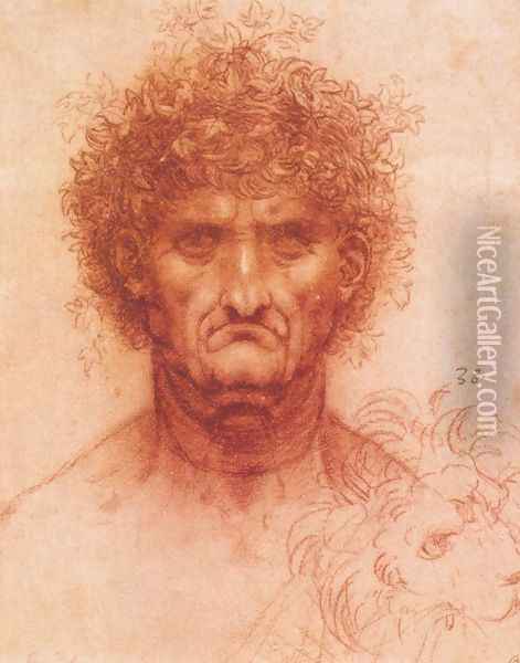 Old man with ivy wreath and lion's head Oil Painting - Leonardo Da Vinci