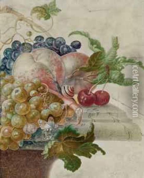 Raisins, Peches, Cerises Et Insectes Sur Un Entablement Oil Painting - Herman Henstenburgh