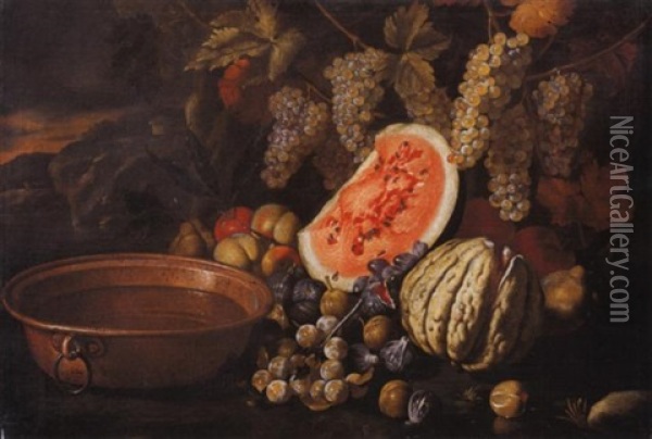 Natura Morta Di Frutta Con Uva, Anguria, Fichi, Prugne E Mele E Un Catino Di Rame Oil Painting - Giovanni Battista Ruoppolo