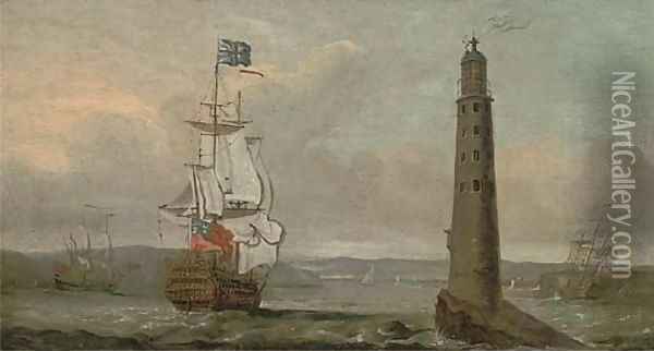 A British man-o'war running past the Eddystone lighthouse Oil Painting - Peter Monamy