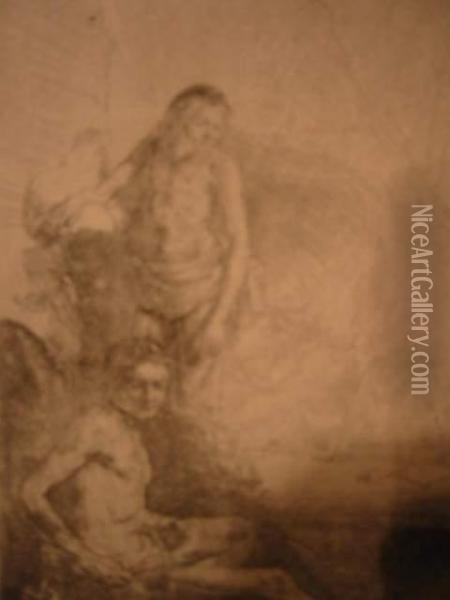 Nude Man Seated And Another Standing With A Woman And Ababy Oil Painting - Rembrandt Van Rijn