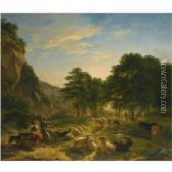 Shepherds And Their Flock Resting In A Landscape Oil Painting - Balthasar Paul Ommeganck