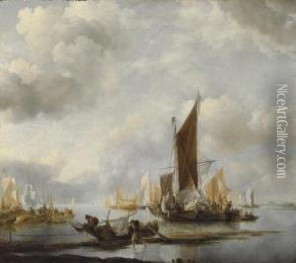 A Calm Sea With Ships Near The Shore Oil Painting - Jan Van De Capelle